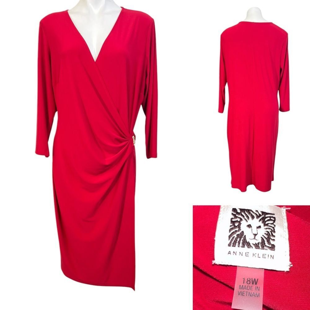 Anne Klein Red Long Sleeve Faux Wrap Dress
